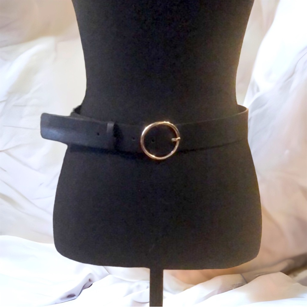 H & M FAUX LEATHER BELT DARK BROWN WITH GOLD TONE BUCKLE SIZE MEDIUM